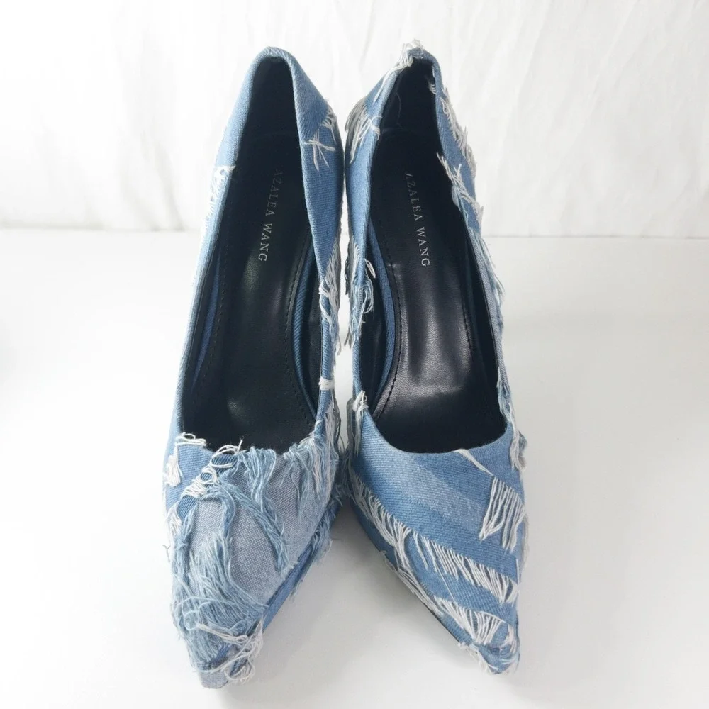 Azalea Wang Giada Denim Platform Pumps Womens 9 Frayed Patchwork Pointy Stiletto